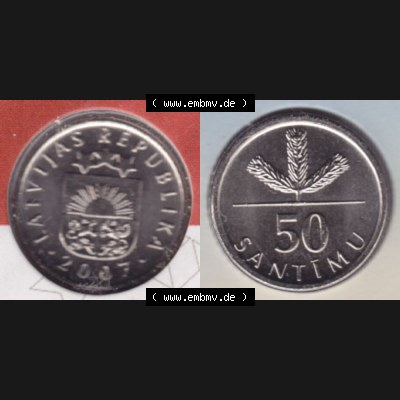 Münzen Lettland Umlaufmünze 1992-2009, 50 Centimes 2007, aus Münzensatz Bild mit horizontaler Vollansicht als Bildmaterial Sammlung
