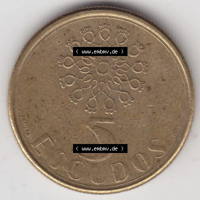 Münzen Portugal Umlaufmünze 1986-2001, 5 Escudos 1990. Vorderseite der Escudo Umlaufmünze aus Portugal vor EInführung der Euromünzen in Portugal zum katalogisieren... Sammlung