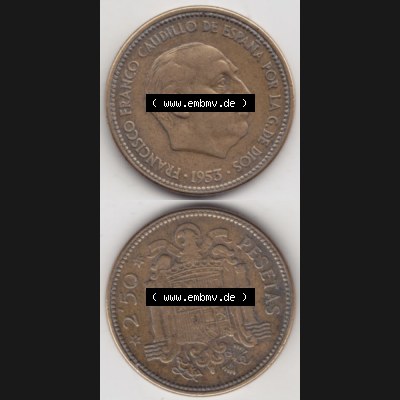 Münzen Spanien Umlaufmünze 1953-1953, 2,50 Peseten 1953, Münze aus Spanien, Umlaufmünze / aus Zahlungsverkehr mit Münzseiten Vertikal / Untereinander... Sammlung