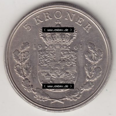 Münzen Dänemark Umlaufmünze 1960-1972, 5 Kronen 1961, König Frederick IX. Rückseite der alten dänischen Umlaufmünze aus Dänemark zum katalogisieren... Sammlung