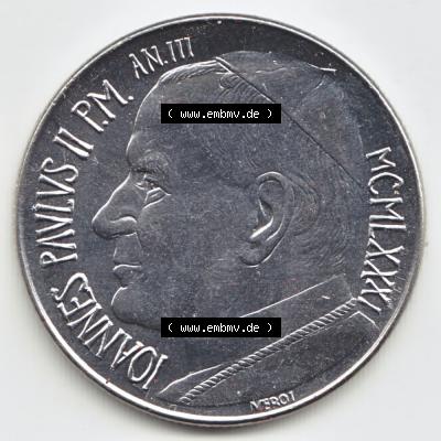 Münzen Vatikan / Vatikanstadt Umlaufmünze 1981-1981, 100 Lire Papst Johannes Paul II, Bild mit Vorderseite der Münze als Bildmaterial. Münze aus dem Vatikan der... Sammlung