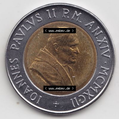 Münzen Vatikan / Vatikanstadt Umlaufmünze 1992-1992, 500 Lire Papst Giovanni Paolo II, Bild mit Vorderseite der Münze als Bildmaterial. Münze aus dem Vatikan... Sammlung
