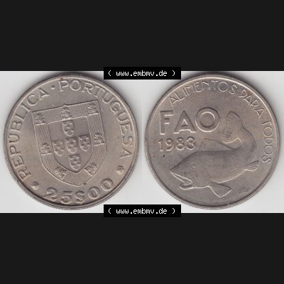 Münzen Portugal Gedenkmünze 1983-1983, 25 Escudo, FAO Alimentos Dara Todos. Vorderseite und Rückseite auf einen Bild/Foto der portugiesischen Gedenkmünze aus... Sammlung