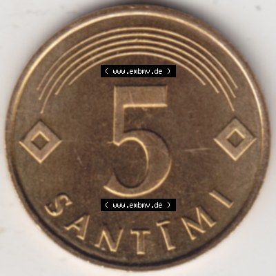 Münzen Lettland Umlaufmünze 1992-2009, 5 Santimi 1992, Bild mit Rückseite der Münze als Bildmaterial Sammlung