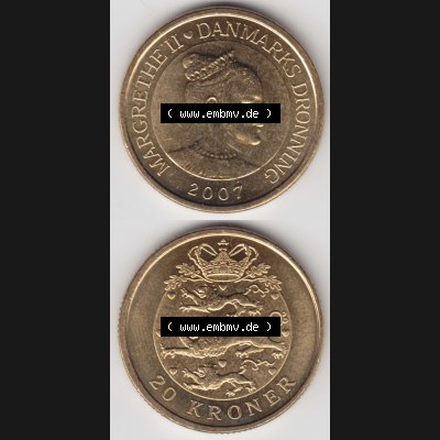 Münzen Dänemark Umlaufmünze 2007, 20 Kroner, Kronen. Vorderseite und Rückseite vertikal auf einen digitalen Bild der alten dänischen Umlaufmünze aus Dänemark... Sammlung