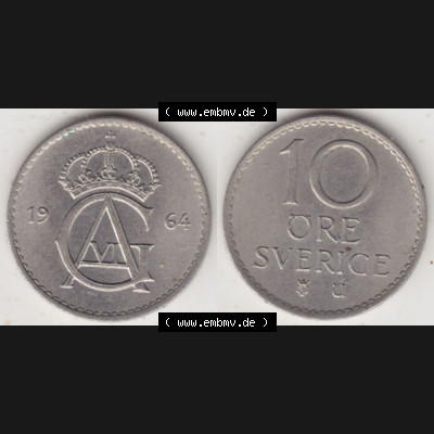Münzen Schweden Umlaufmünze 1962-1973, 10 Öre 1964. Münzen aus Schweden als Bildmaterial für Sammler und Münzen-Webseiten hier im online Katalog und Datenbank... Sammlung
