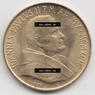 Münzen Vatikan / Vatikanstadt Umlaufmünze 1992-1992, 200 Lire Papst Giovanni Paolo II, Bild mit Vorderseite der Münze als Bildmaterial. Münze aus dem Vatikan... Sammlung