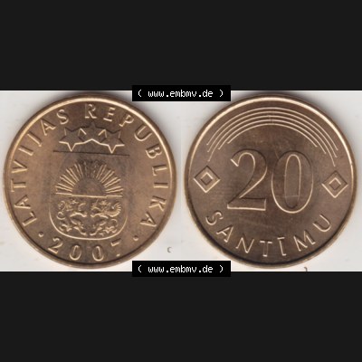 Münzen Lettland Umlaufmünze 1992-2009, 20 Santimu 2007, Bild mit horizontaler Vollansicht als Bildmaterial Sammlung