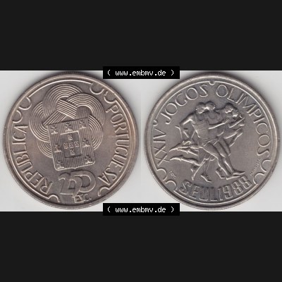 Münzen Portugal Gedenkmünze 1988-1988, 250 Escudo, XXIV Jogos Olimpicos Seul 1988, OLympiade. Vorderseite und Rückseite auf einen Bild/Foto der portugiesischen... Sammlung