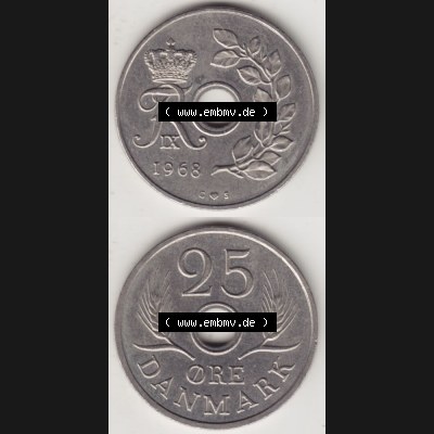 Münzen Dänemark Umlaufmünze 1966-1972, 25 Öre 1968 I. Vorderseite und Rückseite vertikal auf einen digitalen Bild der alten dänischen Umlaufmünze aus Dänemark... Sammlung
