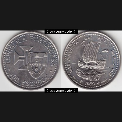 Münzen Portugal Gedenkmünze 1989-1989, 100 Escudos 1420 Madeira Porto Santo 1419. Vorderseite und Rückseite auf einen Bild/Foto der portugiesischen Gedenkmünze aus... Sammlung