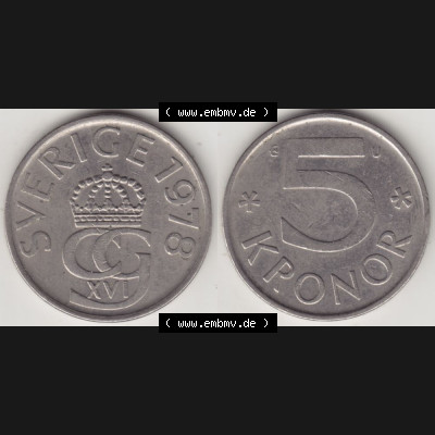 Münzen Schweden Umlaufmünze 1976-1990, 5 Kronen 1978, Bild mit Vollansicht als Bildmaterial Sammlung