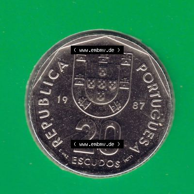 Münzen Portugal KMS Umlaufmünze 1987, 20 Escudos. Vorderseite der Escudo Umlaufmünze aus Portugal vor EInführung der Euromünzen in Portugal zum katalogisieren im vor... Sammlung