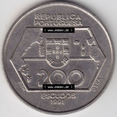 Münzen Portugal Gedenkmünze 1992-1992 200 Escudo, Navegagoes Para Ocidente 1452-1486. Vorderseite der Gedenkmünze aus Portugal zum katalogisieren im Münzen-Katalog und... Sammlung