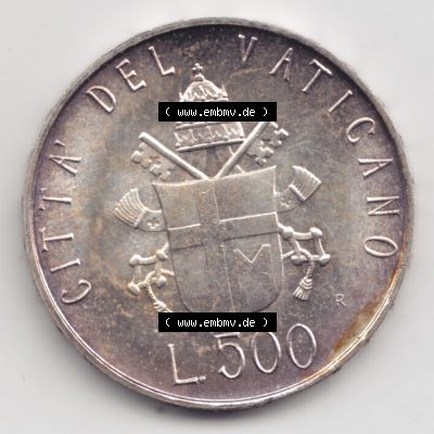 Münzen Vatikan / Vatikanstadt Umlaufmünze 1981-1981, 500 Lire Silbermünze Papst Johannes Paul II, Bild mit Rückseite der Münze als Bildmaterial. Münze... Sammlung