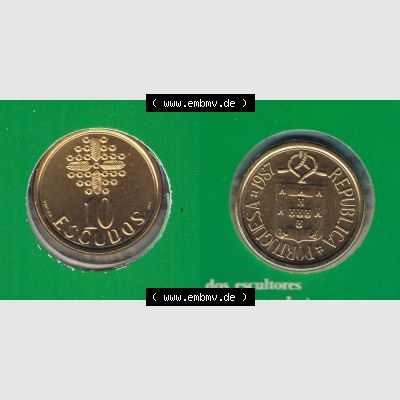 Münzen Portugal KMS Umlaufmünze 1987, 10 Escudo ii. Vorderseite und Rückseite auf einen Bild/Foto der portugiesischen Umlaufmünze aus Portugal vor der Euro-Einführung... Sammlung