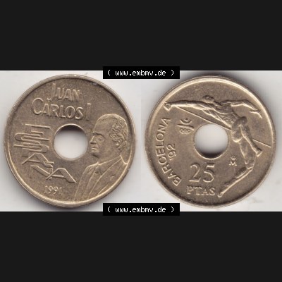 Münzen Spanien Umlaufmünze 1990-1991, 25 PTAS - Peseten 1991, Bild mit Vollansicht als Bildmaterial Sammlung