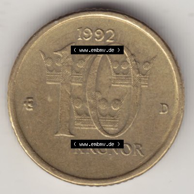 Münzen Schweden Umlaufmünze 1991-2000, 10 Kronen 1992, Bild mit Rückseite der Münze als Bildmaterial Sammlung