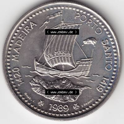 Münzen Portugal Gedenkmünze 1989-1989, 100 Escudos 1420 Madeira Porto Santo 1419. Rückseite der portugiesischen Gedenkmünze aus Portugal vor der Euro-Einführung in... Sammlung