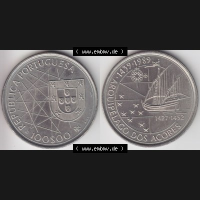 Münzen Portugal Gedenkmünze 1989-1989, 100 Escudos, Arouipelago Dos Acores, 1439-1989. Vorderseite und Rückseite auf einen Bild/Foto der portugiesischen Gedenkmünze... Sammlung