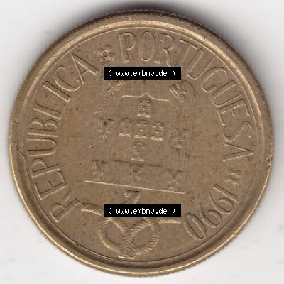 Münzen Portugal Umlaufmünze 1986-2001, 5 Escudos 1990. Rückseite der portugiesischen Umlaufmünze aus Portugal vor der Euro-Einführung in Portugal zum katalogisieren... Sammlung