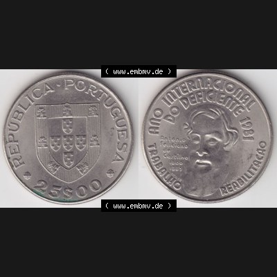 Münzen Portugal Gedenkmünze 1981-1981, 25 Escudos, Ano Internacional do Deficiente 1981 Internationales Jahr der Behinderten. Vorderseite und Rückseite auf einen Bild/Foto... Sammlung
