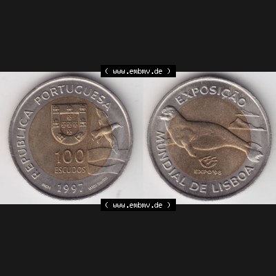 Münzen Portugal Gedenkmünze 1997-1997, 100 Escudo, EXPO98, Exposicao, Mundial de Lisaboa. Vorderseite und Rückseite auf einen Bild/Foto der portugiesischen... Sammlung