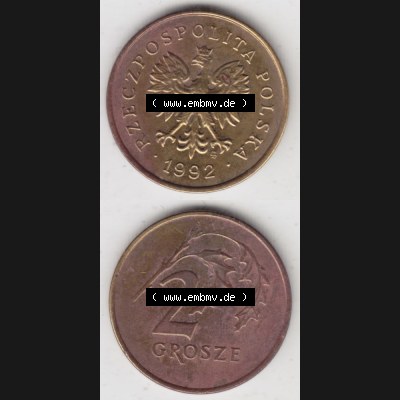 Münzen Polen Umlaufmünze 1990-2014, 2 Grosze 1992, Münzseiten Untereinander als Bildmaterial Sammlung