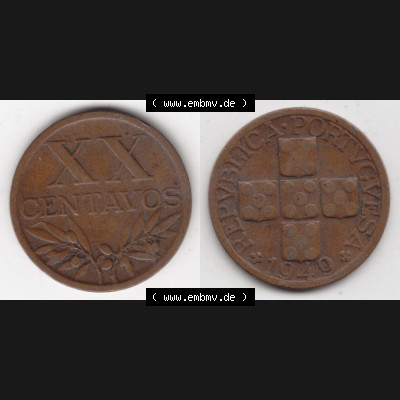Münzen Portugal Umlaufmünze 1942-1969, 20 Centavos 1949. Vorderseite und Rückseite auf einen Bild/Foto der portugiesischen Umlaufmünze aus Portugal vor der Euro-Einführung... Sammlung