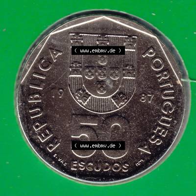 Münzen Portugal KMS Umlaufmünze 1987, 50 Escudos. Vorderseite der Escudo Umlaufmünze aus Portugal vor EInführung der Euromünzen in Portugal zum katalogisieren im vor... Sammlung