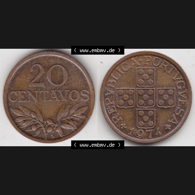 Münzen Portugal Umlaufmünze 1969-1974, 20 Centavos 1974. Vorderseite und Rückseite auf einen Bild/Foto der portugiesischen Umlaufmünze aus Portugal vor der Euro-Einführung... Sammlung