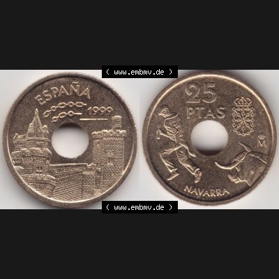Münzen Spanien Umlaufmünze 1999-1999, 25 PTAS, Peseten 1999, Bild mit Vollansicht als Bildmaterial Sammlung