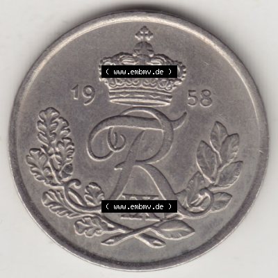 Münzen Dänemark Umlaufmünze 1948-1960, 25 Öre 1958. Vorderseite der alten dänischen Umlaufmünze aus Dänemark zum katalogisieren und verwalten im Münzen-Katalog... Sammlung
