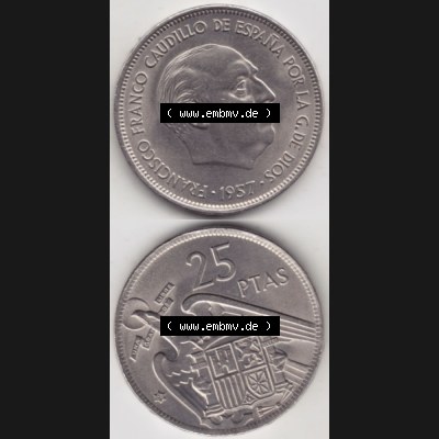 Münzen Spanien Umlaufmünze 1957-1957, 25 Peseten 1968, Münze aus Spanien, Umlaufmünze / aus Zahlungsverkehr mit Münzseiten Vertikal / Untereinander auf... Sammlung