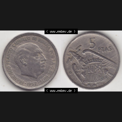 Münzen Spanien Umlaufmünze 1957-1957, 5 Peseten 1957, Bild mit Vollansicht als Bildmaterial Sammlung