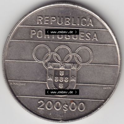 Münzen Portugal Gedenkmünze 1992-1992, 200 Escudo, XXV Jogos Olimpicos. Vorderseite der Gedenkmünze aus Portugal zum katalogisieren im Münzen-Katalog und der Verwaltung... Sammlung