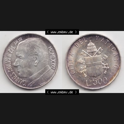 Münzen Vatikan / Vatikanstadt Umlaufmünze 1981-1981, 500 Lire Silbermünze Papst Johannes Paul II, Bild mit Vollansicht als Bildmaterial. Münze aus dem Vatikan... Sammlung