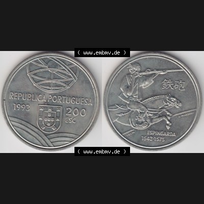 Münzen Portugal Gedenkmünze 1993-1993, 200 Escudos Espingarda 1543-1575. Vorderseite und Rückseite auf einen Bild/Foto der portugiesischen Gedenkmünze aus Portugal... Sammlung