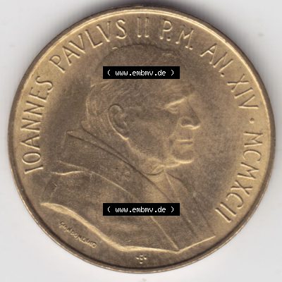 Münzen Vatikan / Vatikanstadt Umlaufmünze 1992-1992, 20 Lire Papst Giovanni Paolo II, Bild mit Vorderseite der Münze als Bildmaterial. Münze aus dem Vatikan der... Sammlung