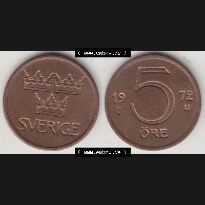 Münzen Schweden Umlaufmünze 1972-1973, 5 Öre 1972, Bild mit Vollansicht als Bildmaterial Sammlung