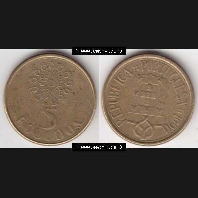 Münzen Portugal Umlaufmünze 1986-2001, 5 Escudos 1990. Vorderseite und Rückseite auf einen Bild/Foto der portugiesischen Umlaufmünze aus Portugal vor der Euro-Einführung... Sammlung