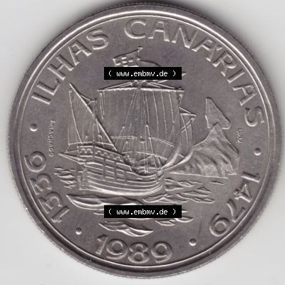 Münzen Portugal Gedenkmünze 1989-1989, 100 Escudos Ilhas Canarias. Rückseite der portugiesischen Gedenkmünze aus Portugal vor der Euro-Einführung in Portugal zum katalogisieren... Sammlung