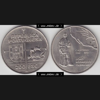 Münzen Portugal Gedenkmünze 1992-1992, 200 Escudos, California 1542-1992, Joao Rodrigues Cabrilho. Vorderseite und Rückseite auf einen Bild/Foto der portugiesischen... Sammlung