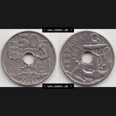 Münzen Spanien Umlaufmünze 1949-1963, 50 Centimos 1963, Bild mit Vollansicht als Bildmaterial Sammlung