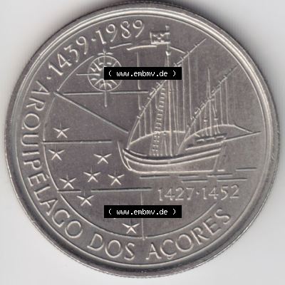 Münzen Portugal Gedenkmünze 1989-1989, 100 Escudos, Arouipelago Dos Acores, 1439-1989. Rückseite der portugiesischen Gedenkmünze aus Portugal vor der Euro-Einführung... Sammlung