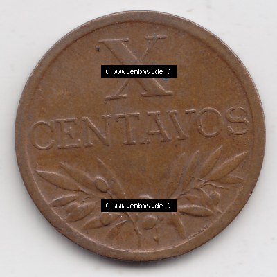 Münzen Portugal Umlaufmünze 1942-1969, 10 Centavos 1958. Vorderseite der Escudo Umlaufmünze aus Portugal vor EInführung der Euromünzen in Portugal zum katalogisieren... Sammlung