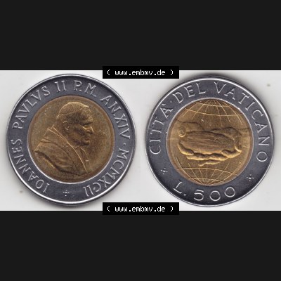 Münzen Vatikan / Vatikanstadt Umlaufmünze 1992-1992, 500 Lire Papst Giovanni Paolo II, Bild mit Vollansicht als Bildmaterial. Münze aus dem Vatikan der Vatikanstadt... Sammlung