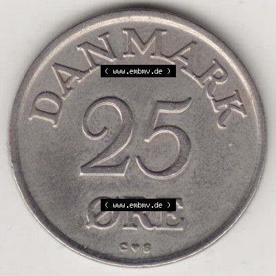 Münzen Dänemark Umlaufmünze 1948-1960, 25 Öre 1958. Rückseite der alten dänischen Umlaufmünze aus Dänemark zum katalogisieren und verwalten im Münzen-Katalog... Sammlung
