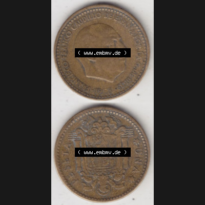 Münzen Spanien Umlaufmünze 1946-1963, 1 Peseta-Pesete 19x3, Münze aus Spanien, Umlaufmünze / aus Zahlungsverkehr mit Münzseiten Vertikal / Untereinander... Sammlung