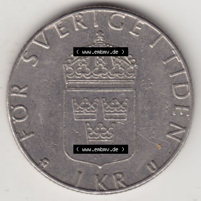 Münzen Schweden Umlaufmünze 1976-1981, 1 Krone 1977, Bild mit Rückseite der Münze als Bildmaterial Sammlung